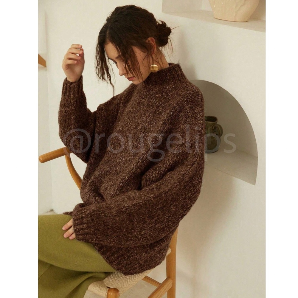 Brown Knit Oversized Pullover Turtleneck Sweater